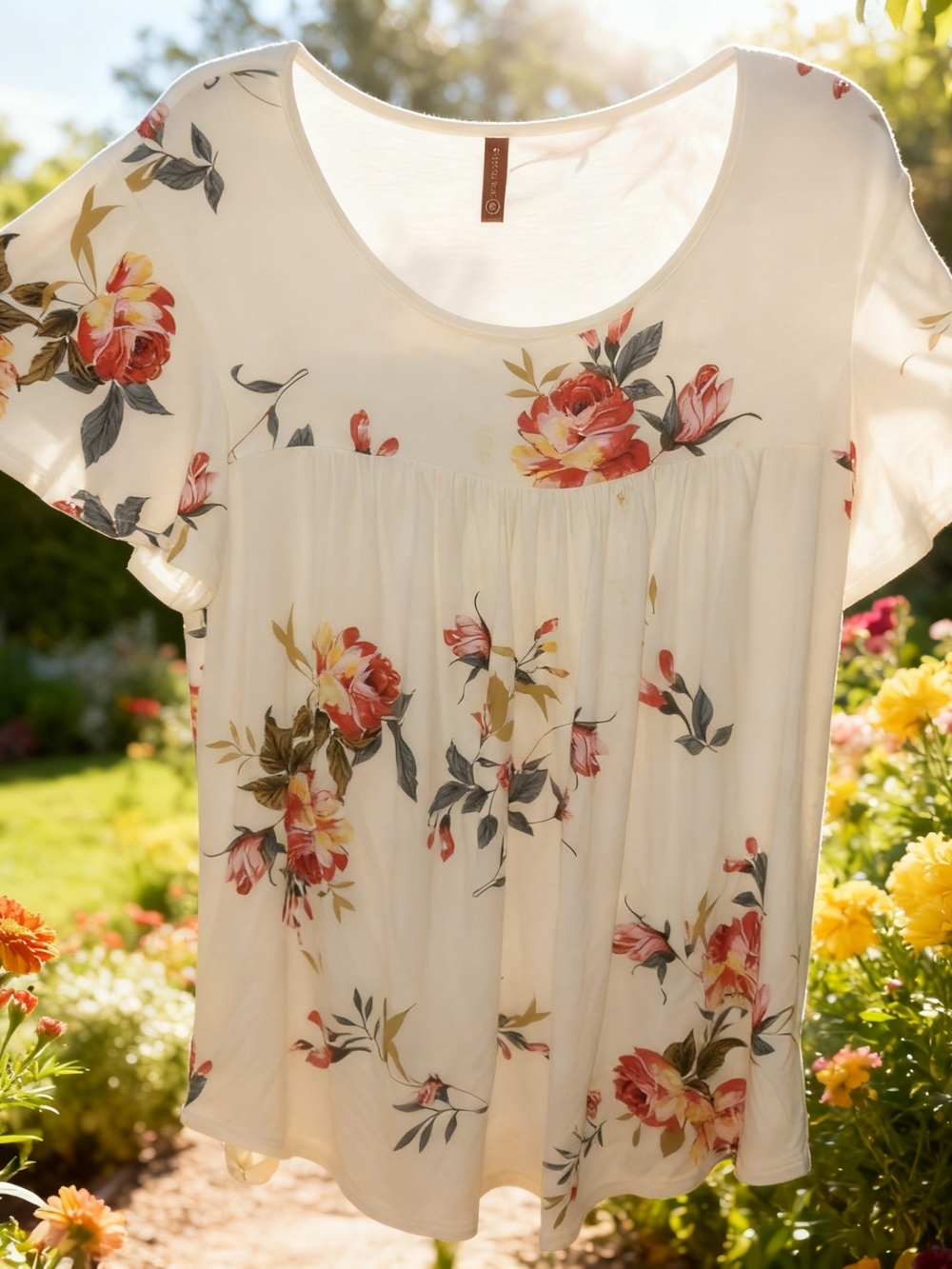 Anymiss Cream Scoop Neck Floral Flutter Sleeve Top